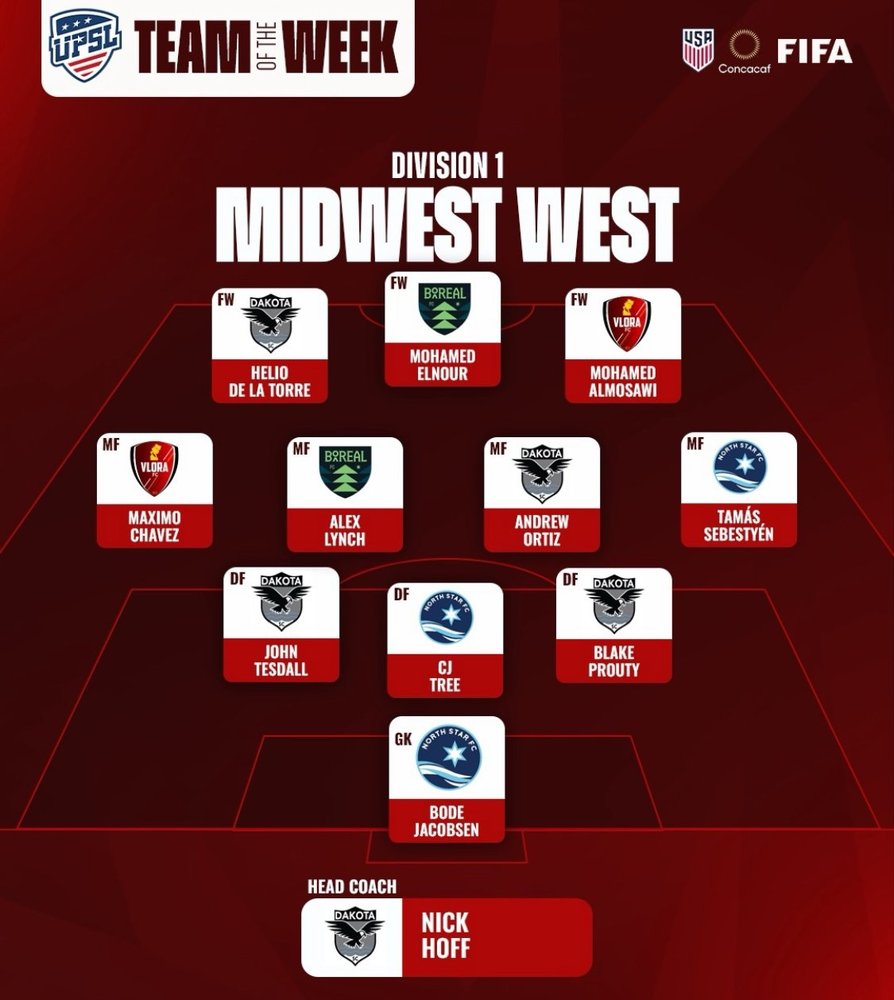 UPSL Division 1 Midwest West Team of the Week graphic listing Mohamed Almosawi
